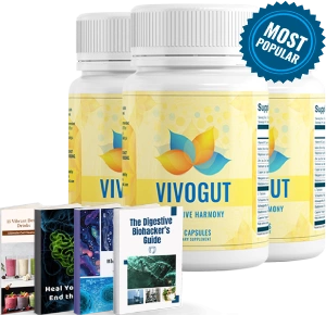Three bottles of VivoGut gut health supplement with most popular badge